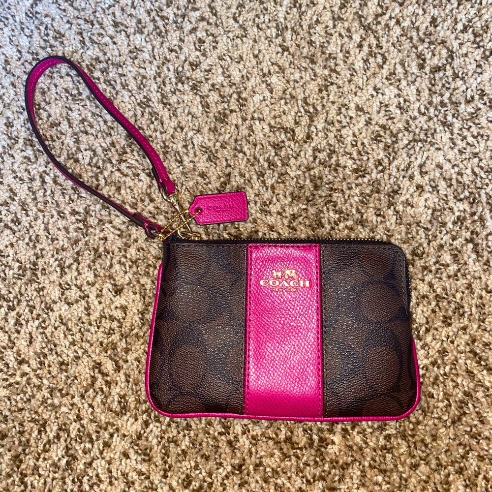 Coach brown and pink wristlet